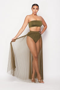 Pleated High Waisted Sheer Maxi Skirt - Olive - SohoGirl.com