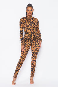 Leopard Print Long Sleeve Mock Neck Jumpsuit - SohoGirl.com