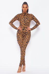 Leopard Print Long Sleeve Mock Neck Jumpsuit - SohoGirl.com