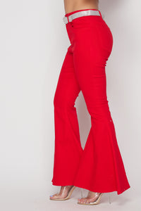 High Wasted Bell Bottom Pants With Red Rhinestone Belt - SohoGirl.com