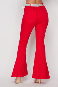 High Wasted Bell Bottom Pants With Red Rhinestone Belt - SohoGirl.com