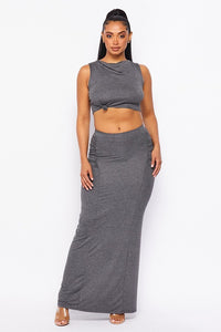 2 Pc. Sleeveless Crop Top W/ Knot In The Front & Maxi Skirt - Charcoal Grey - SohoGirl.com