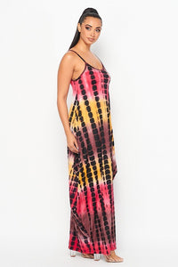 Spaghetti Strap Tank Print Maxi Dress W/ Side Pockets - Red, Yellow & Brown - SohoGirl.com