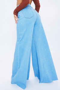Vibrant Wide Leg High Waisted Bell Bottom Jeans W/ Paint Splatter - Light Denim - SohoGirl.com