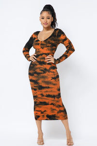 V-Neck Off The Shoulder Midi Dress - Black/ Orange Rust - SohoGirl.com