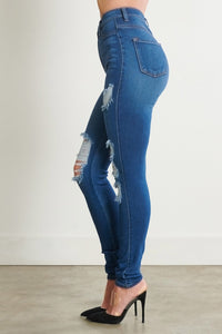 Vibrant High Waisted Distressed Skinny Jeans - Medium Denim - SohoGirl.com