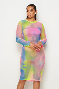Long Sleeve Tie Dye Fishnet Midi Dress - Pink/Blue Multicolor - SohoGirl.com