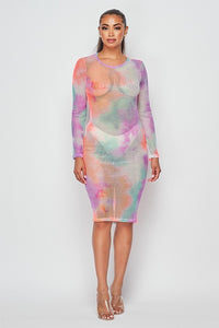 Long Sleeve Tie Dye Fishnet Midi Dress - Coral/Mint Multicolor - SohoGirl.com