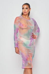 Long Sleeve Tie Dye Fishnet Midi Dress - Coral/Mint Multicolor - SohoGirl.com