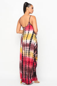 Spaghetti Strap Tank Print Maxi Dress W/ Side Pockets - Red, Yellow & Brown - SohoGirl.com