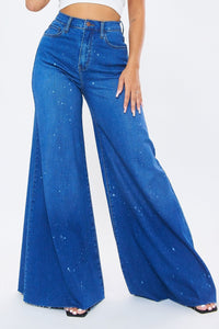 Vibrant Wide Leg High Waisted Bell Bottom Jeans W/ Paint Splatter - Medium Denim - SohoGirl.com