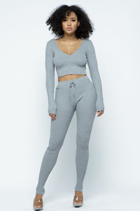 Knit V-Neck Crop Top W/ Matching Knit Leggings - Grey - SohoGirl.com