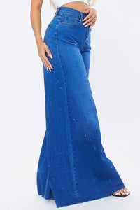 Vibrant Wide Leg High Waisted Bell Bottom Jeans W/ Paint Splatter - Medium Denim - SohoGirl.com