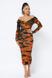 V-Neck Off The Shoulder Midi Dress - Black/ Orange Rust - SohoGirl.com