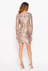 Long Sleeve Square Neck Sequin Mini Dress - Rose Gold - SohoGirl.com