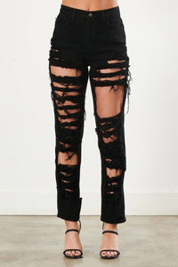 Vibrant High Waisted Super Distressed Ripped Straight Jeans - Black - SohoGirl.com