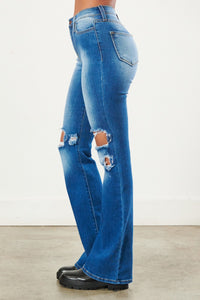Distressed Knee Vintage Flare Jean - Medium Denim - SohoGirl.com
