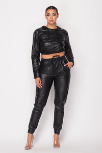 2 Pc. Leather Jogger Set With Hoodie Crop Top - Black - SohoGirl.com
