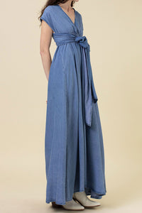 Sleeveless V-Neck Denim Maxi Dress - Medium Denim - SohoGirl.com