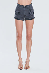 Vibrant Distressed Denim Shorts W/ Folded Hems - Grey - SohoGirl.com