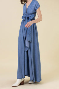 Sleeveless V-Neck Denim Maxi Dress - Medium Denim - SohoGirl.com