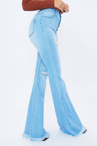 Vibrant Five-Button High Waisted Distressed Flare Jeans - Light Denim - SohoGirl.com