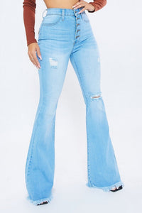 Vibrant Five-Button High Waisted Distressed Flare Jeans - Light Denim - SohoGirl.com