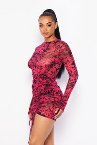 Sheer Long Sleeve Mini Dress W/ Front Ruching - Black & Pink Plant Print - SohoGirl.com