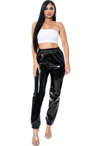 Glossy Leather Jogger Pants - Metallic Black - SohoGirl.com