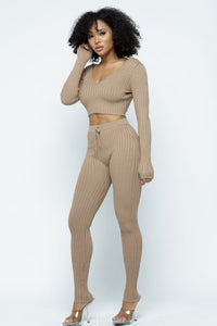 Knit V-Neck Crop Top W/ Matching Knit Leggings - Coffee - SohoGirl.com