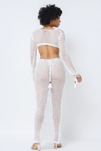 Crochet V-Neck Long Sleeve Maxi Dress - White - SohoGirl.com