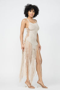 Crochet Cover Up Mini Dress W/ Fringes - Nude - SohoGirl.com
