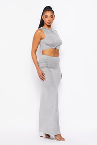 2 Pc. Sleeveless Crop Top W/ Knot In The Front & Maxi Skirt - Heather Grey - SohoGirl.com