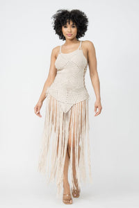Crochet Cover Up Mini Dress W/ Fringes - Nude - SohoGirl.com
