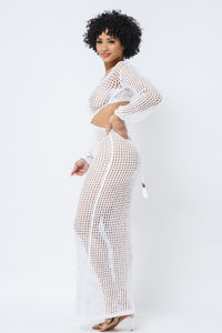 Crochet V-Neck Long Sleeve Maxi Dress - White - SohoGirl.com