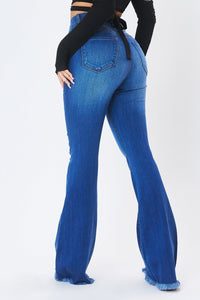 Vibrant Five-Button High Waisted Distressed Flare Jeans - Medium Denim - SohoGirl.com