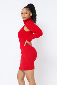 Scoop Neck Mini Dress Set W/ Turtle Neck Shrug - Red - SohoGirl.com
