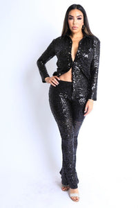 Sequin Long Sleeve Button Down Top W/ Matching Flared Pants - Black - SohoGirl.com