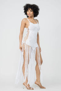 Crochet Cover Up Mini Dress W/ Fringes - White - SohoGirl.com