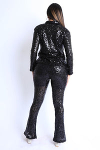 Sequin Long Sleeve Button Down Top W/ Matching Flared Pants - Black - SohoGirl.com