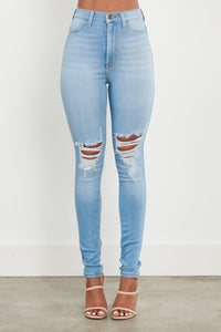 Vibrant Super High Waisted Distressed Skinny Jeans - Light Denim - SohoGirl.com