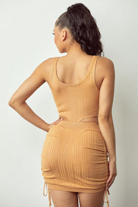 Scoop Neck Bodysuit W/ Ruched Mini Skirt - Mustard - SohoGirl.com