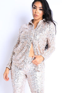 Sequin Long Sleeve Button Down Top W/ Matching Flared Pants - Silver - SohoGirl.com