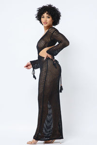 Crochet V-Neck Long Sleeve Maxi Dress - Black - SohoGirl.com