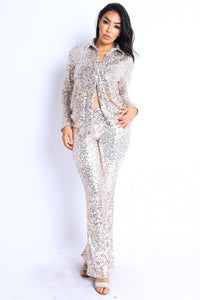 Sequin Long Sleeve Button Down Top W/ Matching Flared Pants - Silver - SohoGirl.com
