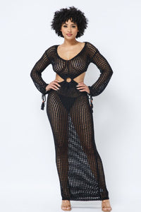 Crochet V-Neck Long Sleeve Maxi Dress - Black - SohoGirl.com