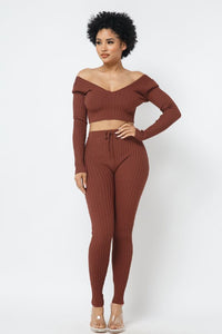 Knit V-Neck Crop Top W/ Matching Knit Leggings - Cocoa - SohoGirl.com