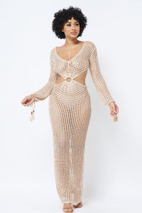Crochet V-Neck Long Sleeve Maxi Dress - Nude - SohoGirl.com