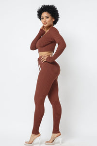 Knit V-Neck Crop Top W/ Matching Knit Leggings - Cocoa - SohoGirl.com