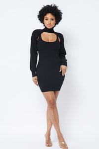 Scoop Neck Mini Dress Set W/ Turtle Neck Shrug - Black - SohoGirl.com